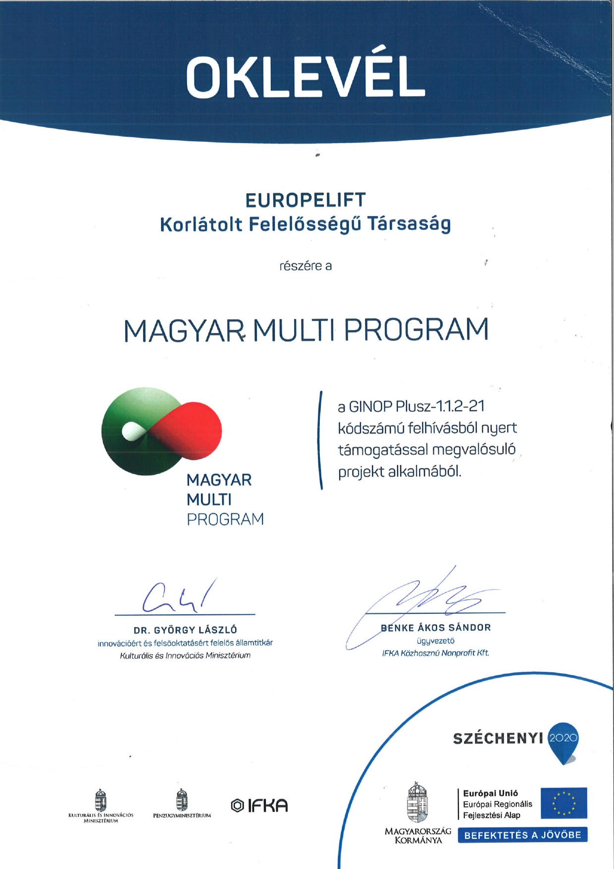 Awarding of certificates to enterprises participating in the 2021 round of the Hungarian Multi Program and receiving funding from tenders